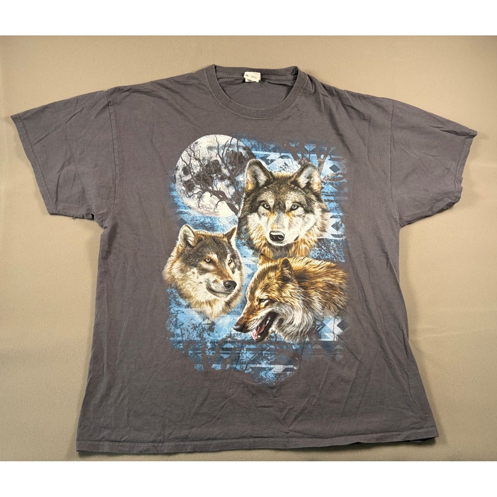 Fruit of the Loom Wolf Moon Graphic T-Shirt Gray Mens 2XL Heavy Cotton HD